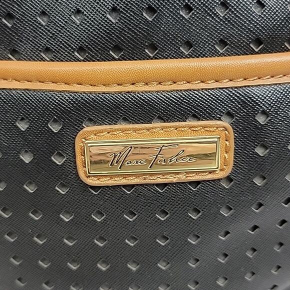 Marc Fisher Black Tan Perforated Vegan Leather Double Handle Handbag Purse - Picture 5 of 16